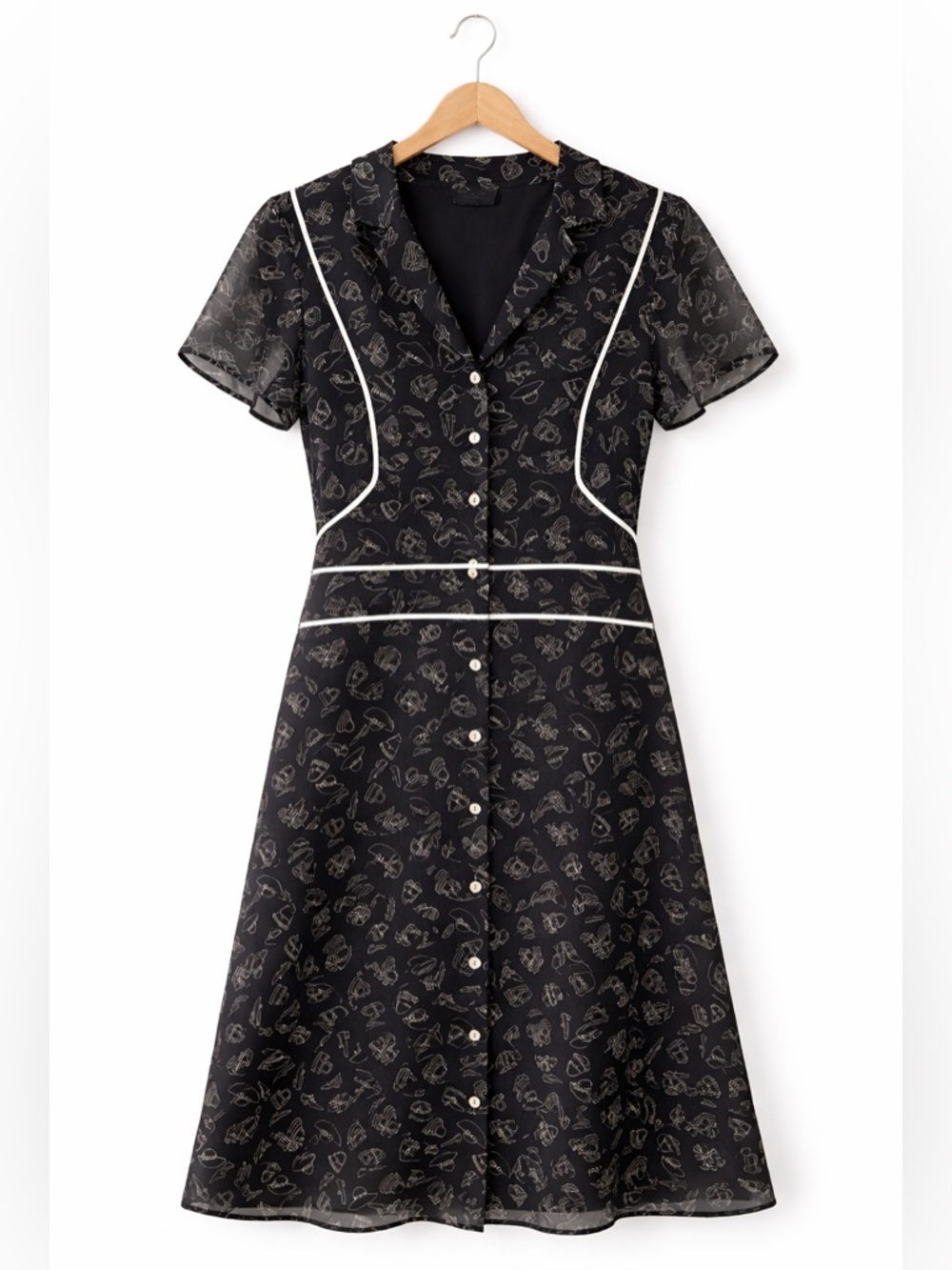 Componix Black Novelty ModCloth Style Print Shirt‎ Dress White Piping Button S - Picture 2 of 12